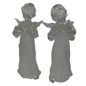 Set of 2 Clear Frosted Glass Angel Figurines Playing Instruments 9.5" Tall